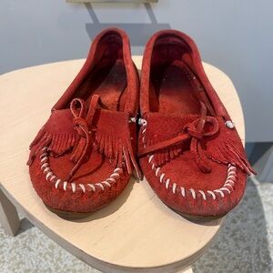 Minnetonka red suede moccasin.
